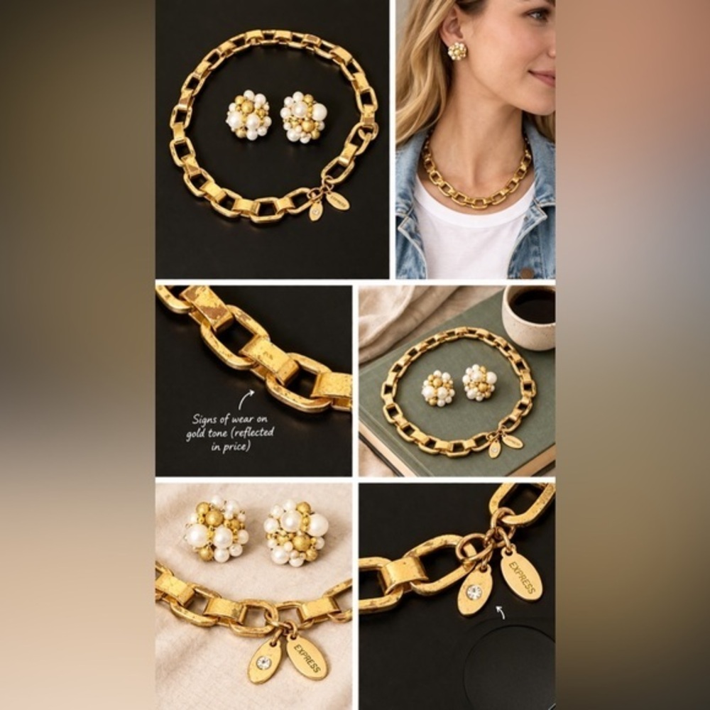 Chunky gold-tone chain link necklace & cluster pearl vintage clip on earrings 🤍✨